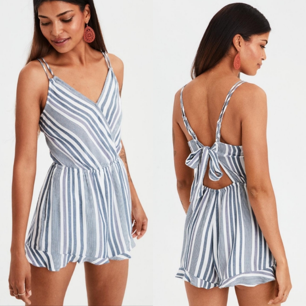American Eagle Light Frilly Striped Blue Romper